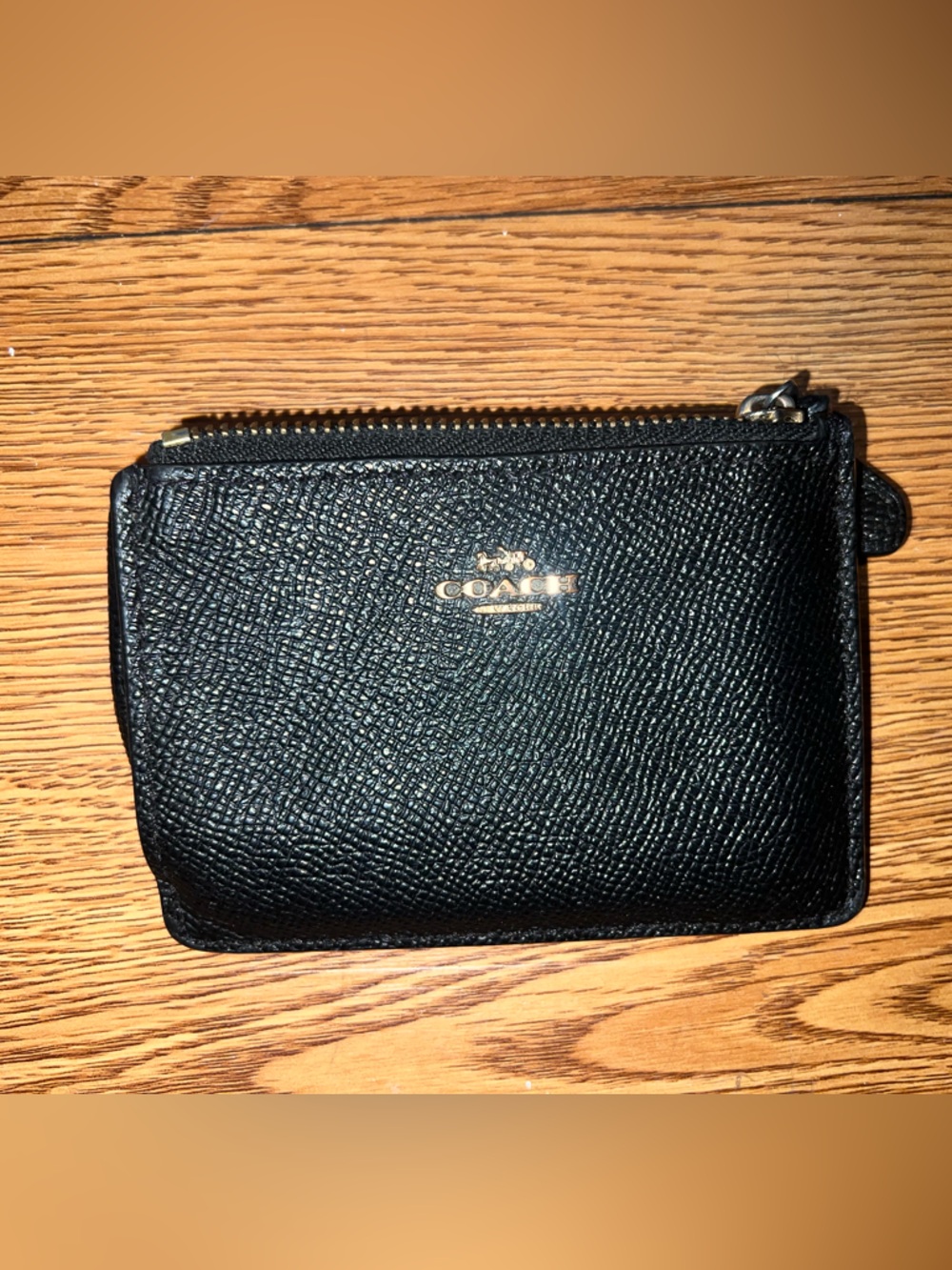 Coach Black Pebbled Leather Zip Card Pouch with Gold Logo